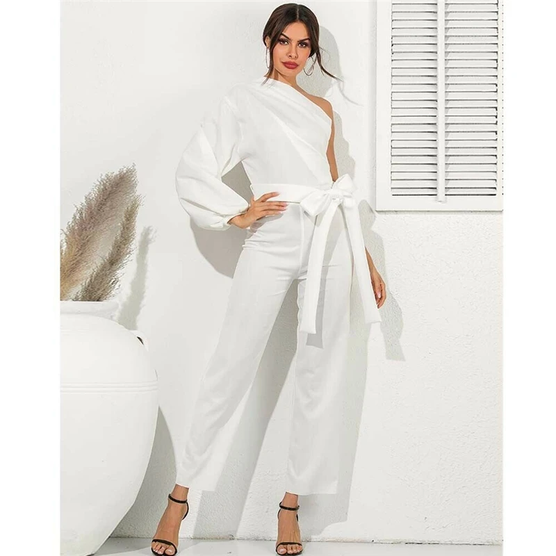 

Women Elegant Slim Fit Jumpsuit Outfits One Shoulder Belt Evening Party Overalls Office Look Lantern Long Sleeve Formal Jumpsuit