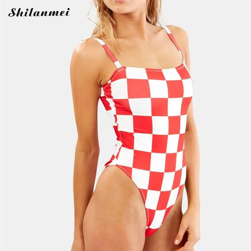 Plaid Swimsuit One Piece Swimming Suit Sexy Sling Adjusted Strap Top 