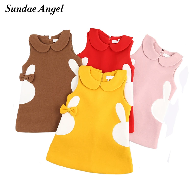 

Sundae Angel Winter Girls Dresses Tun-down Collar Thicken Woolen Baby Girl Dress Bowknot Patchwork Rabbit Pattern Girls Clothes