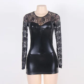 Fetish Wet Look Leather and Lace Splicing Long Sleeve Mini Dress S to 6XL Bodycon Mistress Role Play Erotic Lingerie Plus Size