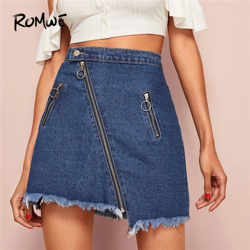 

ROMWE Blue O-Ring Zipper Detail Asymmetrical Frayed Hem High Waist Mini Denim Skirt Women High Street A-Line Solid Short Skirts