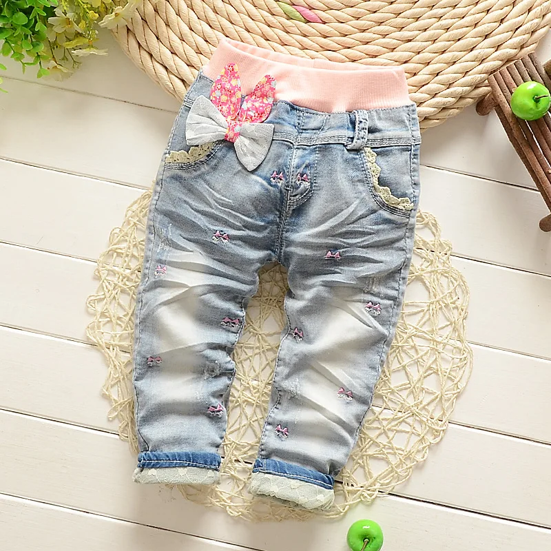 

High quality baby girls Jeans autumn children cartoon pockets denim pants kids casual jeans for Girls 1-3 years