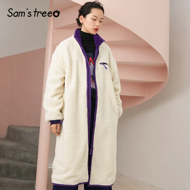 

Samstree Solid Zipper Teddy Lazy Thick Lamb Cashmere Coat Women 2019 Winter Contrast Color plush Casual Female Outwear