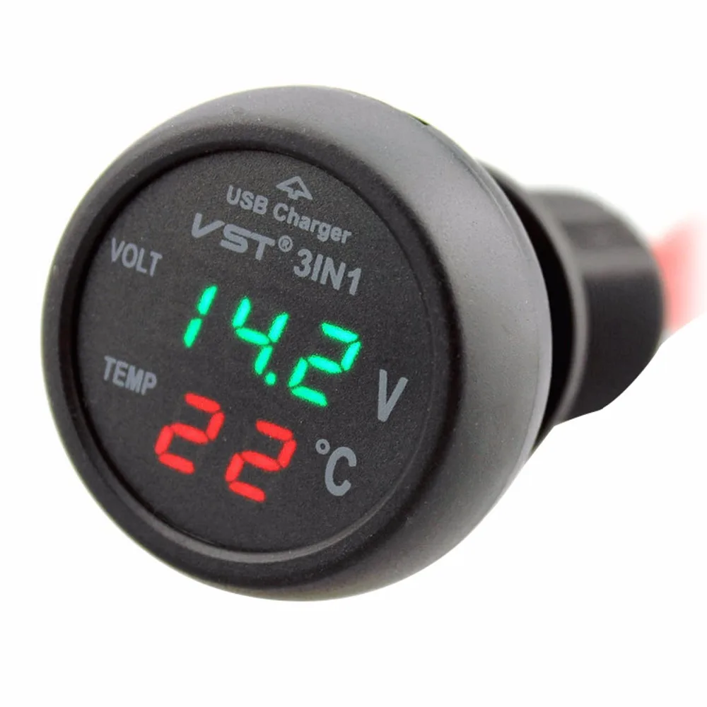 VST Car 3 in 1 Multifunction Car USB Charger Thermometer