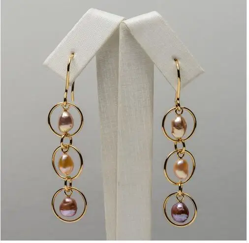 

5-6mm Orange Purple Keshi Pearl Triple Drop Earrings Dangle 925 Sterling Silver