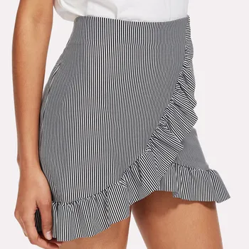 

New Casual Striped Ruffles Hem Skirts Womens High Waist Bodycon Women Ladies Skirt
