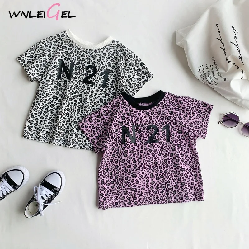 

WLG boys girls summer t shirts kids casual leopard letter printed white purple t-shirt baby causal tops children clothes