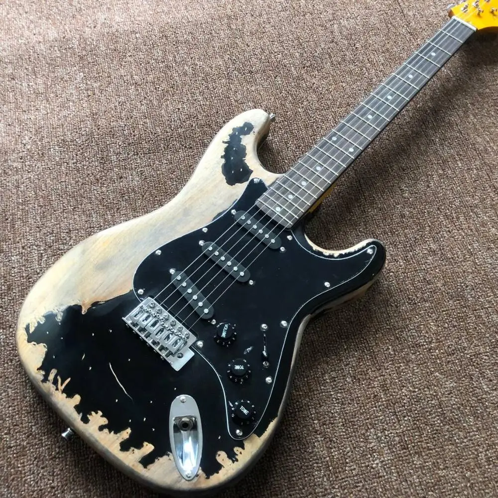 

Hot sale ST 6 stings electric guitar,Maple fingerboard guitarra,black color stratocastre gitaar,relics by hands,real photos