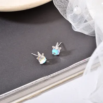 

S925 Sterling Silvery Lucky Earrings Unicorn New Year Multicolored Moonstone Ear Studs E43