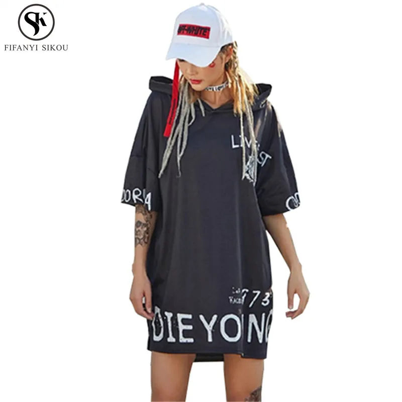 

2018 Summer New Harajuku Fashion Women's Clothing Plus Size Short Sleeve Dress Hooded Letter Pattern Female Dresses LGP61