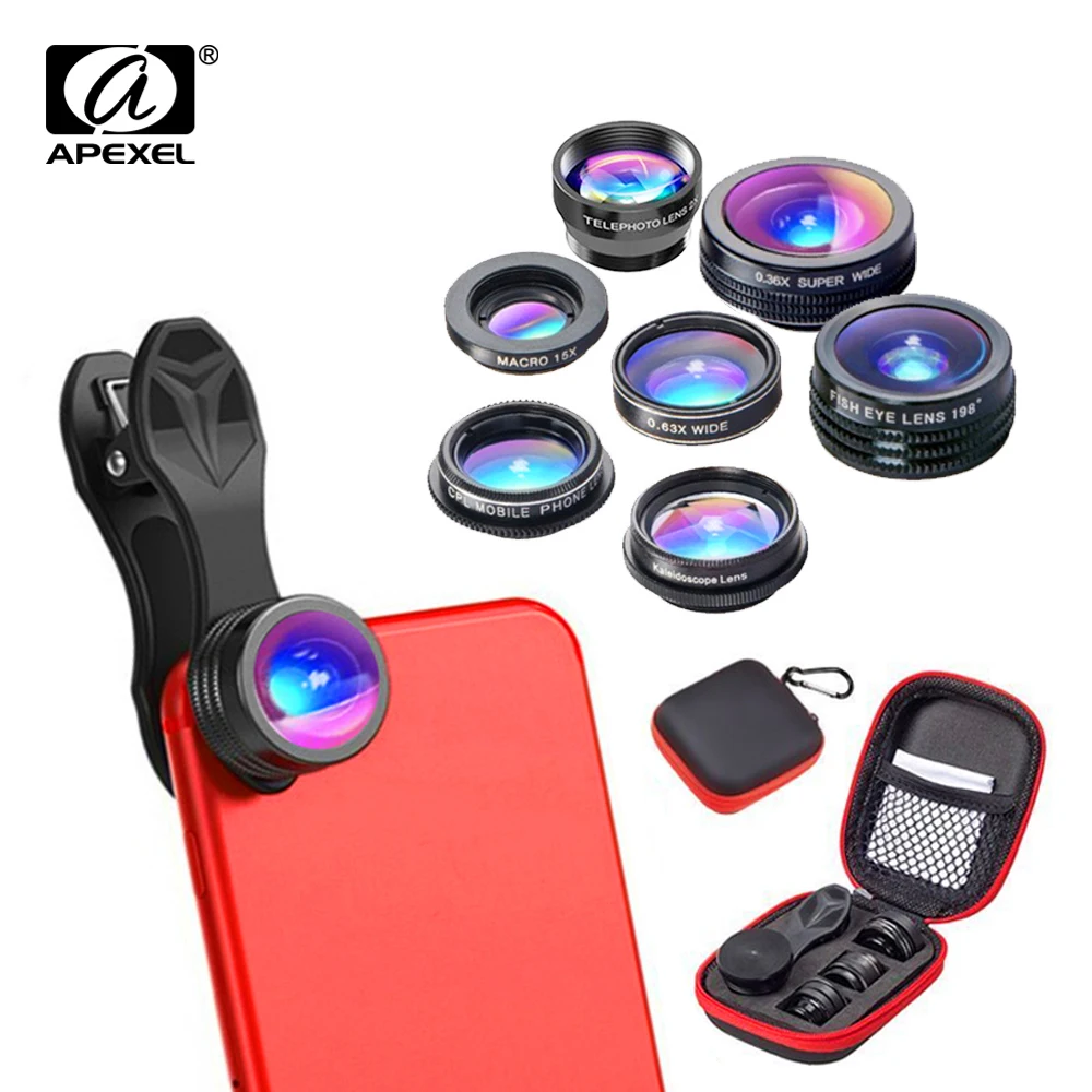

APEXEL 7 in 1 Phone Camera Lens Kit Fish Eye Wide Angle/macro Lens CPL Kaleidoscope and 2X telephoto zoom Lens for iPhone6s 7DG7