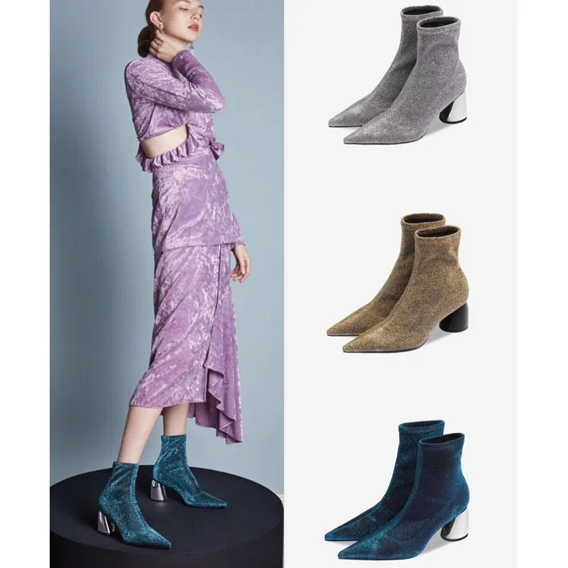 Блестящие золотистые женские пикантные ботильоны с острым носком; эластичные тканевые осенние ботинки; серебристые, синие дамские носки; Botines Mujer Botas