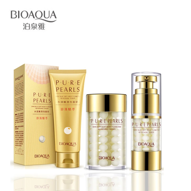 3 Pcs BIOAQUA Pure Pearl Cleanser / Eye Cream / Facial Essence Mask Depth Replenishment Moisturizing Oil Control Facial Skin Set