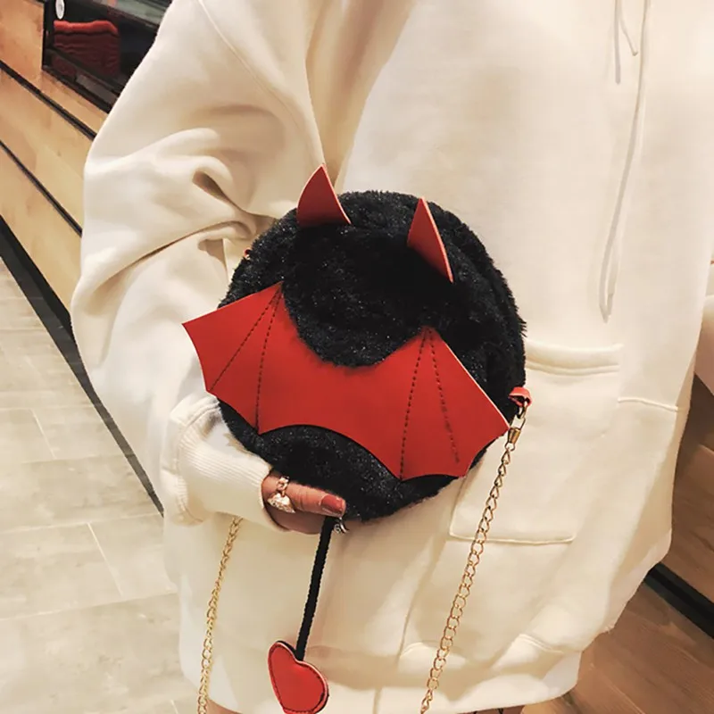

Novelty Girl Women Cute Devil Round Shoulder Bag Lovely Zippers Ladies Faux Fur Handbags Fashion Circular Crossbody Bags
