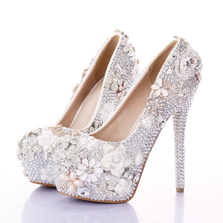 

Wedding Shoes Women High Heel From China Bride Pumps Round Toe Metal Flowers Crystal Shoes Waterproof Applique Size 12 Blossom