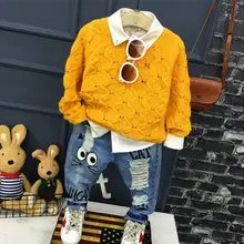 Лидер продаж, Детский костюм Детский Повседневный костюм вязаный свитер для мальчиков+ рубашка+ джинсы, комплект из трех предметов для детей 2-7 лет