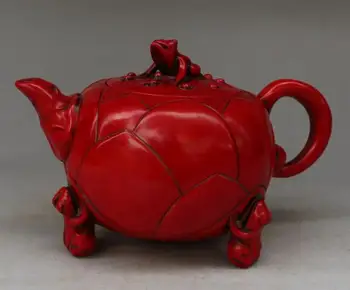 

China's artificial red resin manual sculpture in frogs and lotus statue teapot
