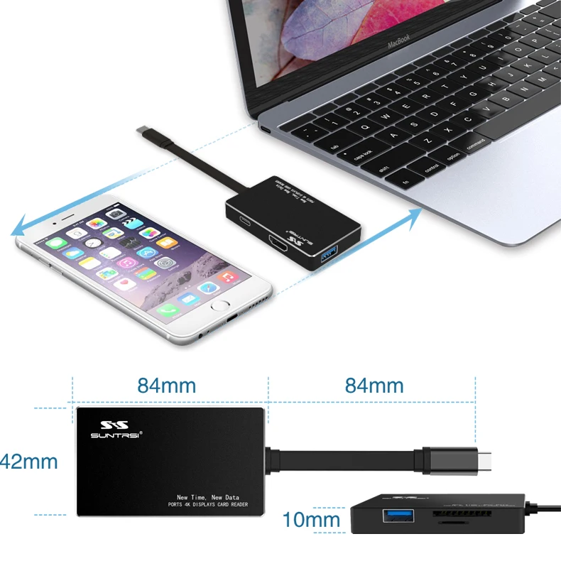 Suntrsi Тип usb C концентратор HDMI 4 k USB-C адаптер для MacBook 2-Порты и разъёмы USB 3,0 черный 7 в 1 TF/SD кард-ридер