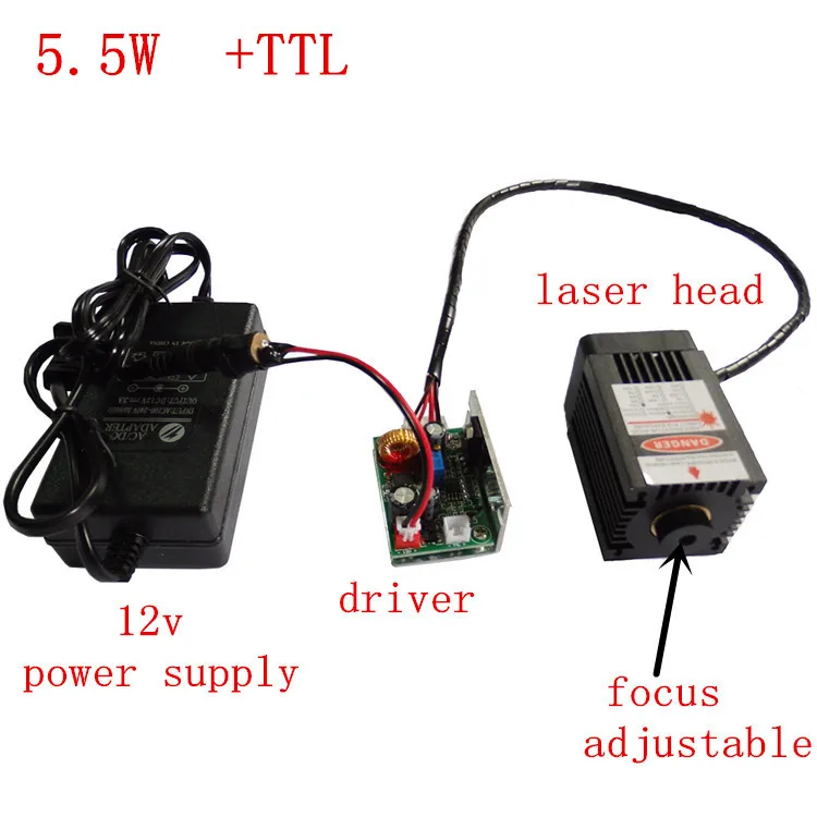 

5500MW laser engraving machine 5.5w power laser modules focusing head point wavelength 450n 12v power supply included