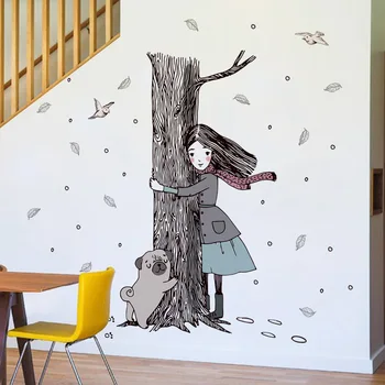 

Family simulation sketch character decoration DIY girl tree dog staircase porch little girl room home decorative wall stickers