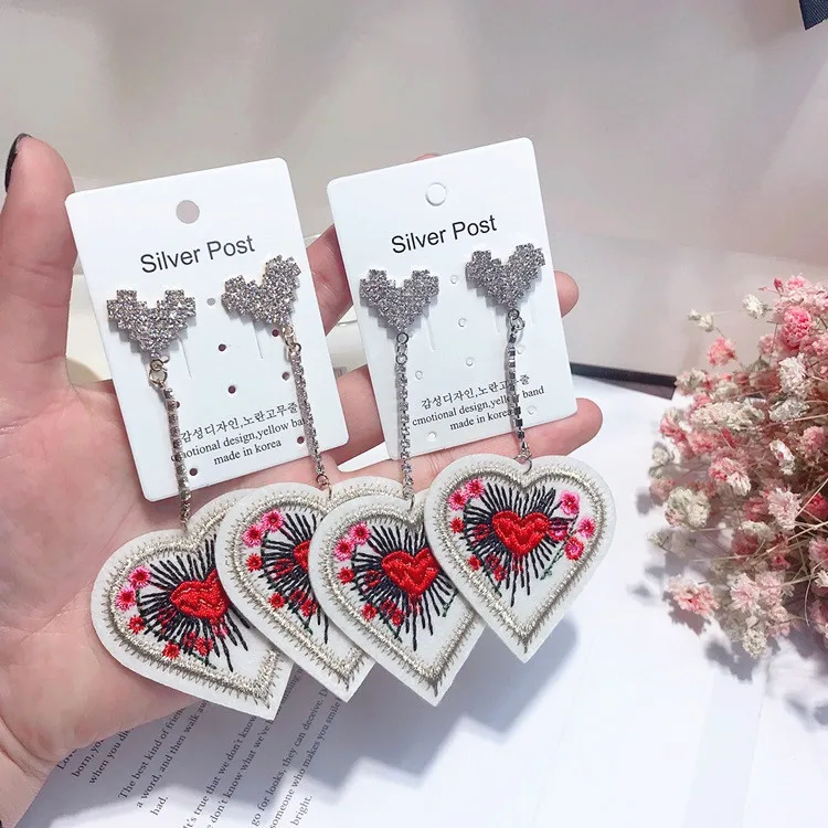 Embroidery heart earrings 925 silver post Hypoallergenic fadeless alloy fashion jewelry dangle earrings for women gift