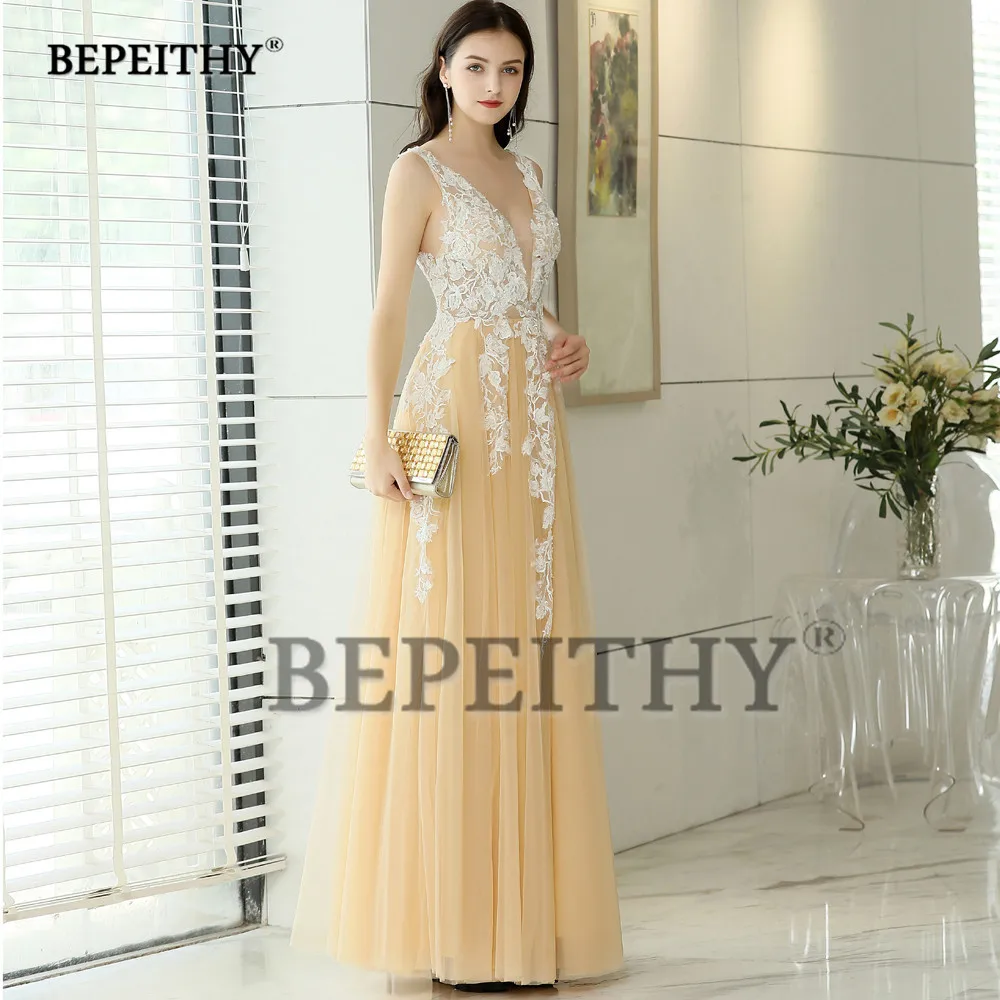 BEPEITHY Evening Dresses Long V Neck Champagne Tulle Lace Prom Dress Robe De Soiree Sexy Backless Evening Gown 2019