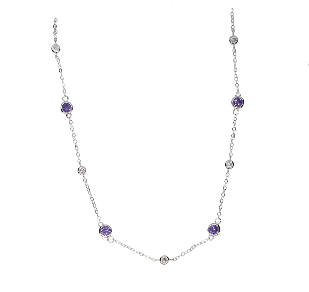 

2017 new fashion women AAAA cubic zirconia clear cz with purple cz station necklace,silver chain necklace