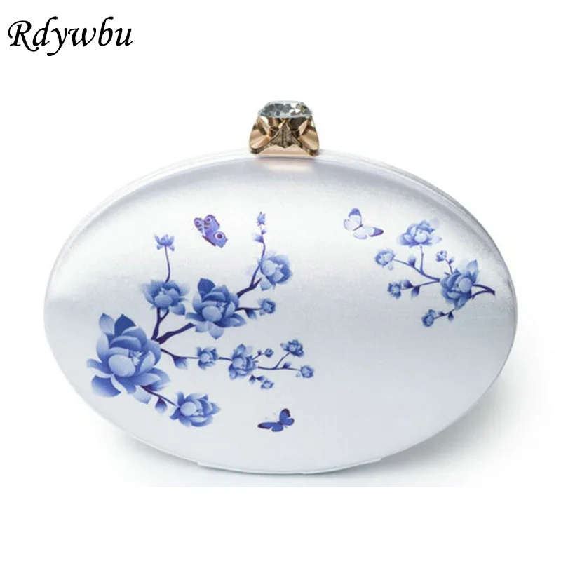Rdywbu National Ethnic Satin Silk Style Plum Flower Peking Opera Casual Clutch Bag White Porcelain Messenger Evening Bag H41