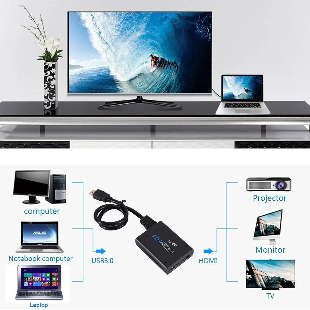 1X2 HDMI Splitter 1HDMI Input to 2HDMI Output Full HD 1080P For DVD