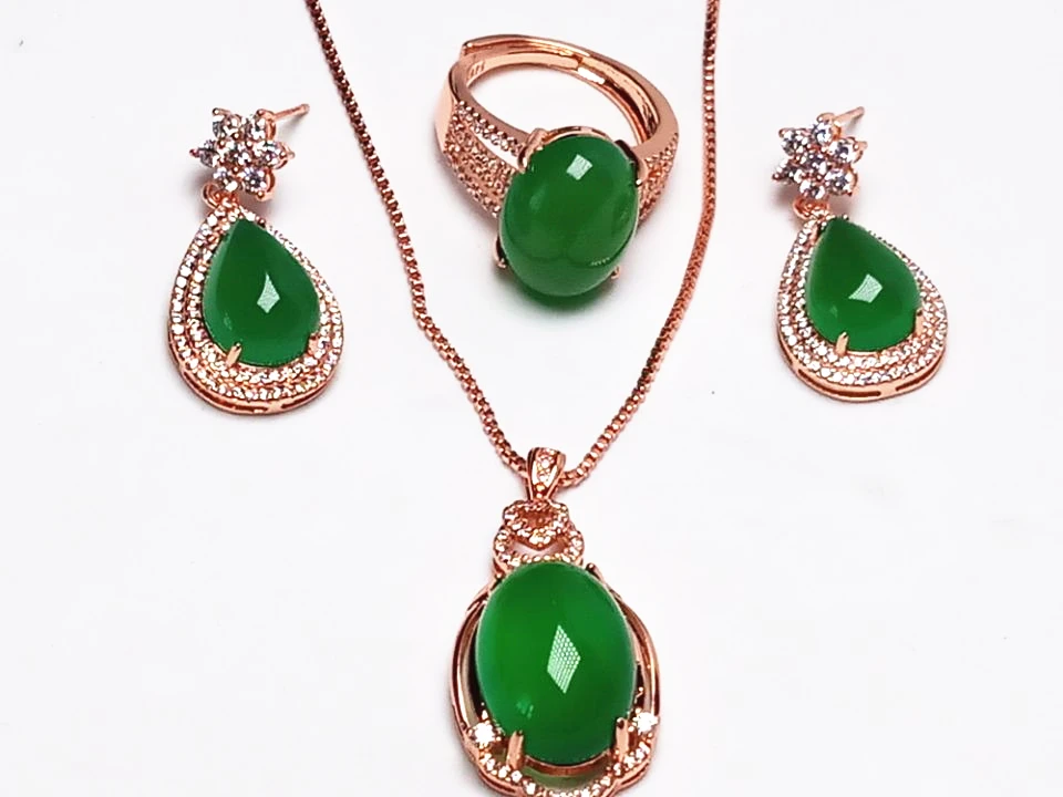 

Sterling Silver Oval Egg Green Jade Gemstone Pendant Necklace Ring Earrings Gold Jewelry Sets for Women