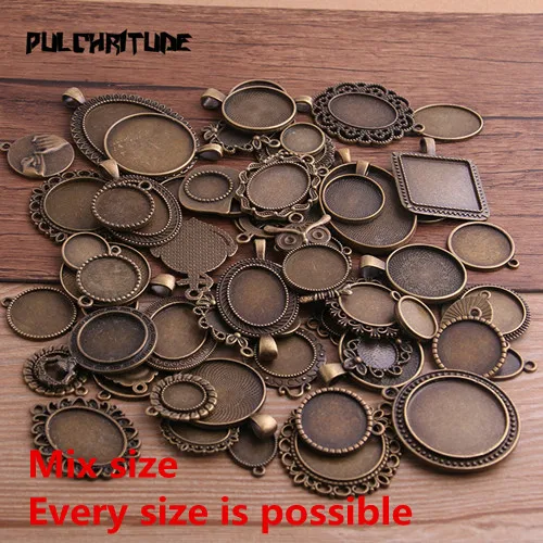 30g Random Antique Bronze Pierced Mixed Size 5-200 Style Cabochon Base Setting Charms Pendant P6683 