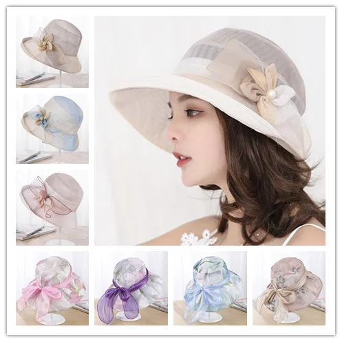 Women Wide Brim Floral Hats Summer Silk Pearl Sun Hat Flowers Floppy Visors Female Elegant Sea Beach Caps Sun Protective Hat
