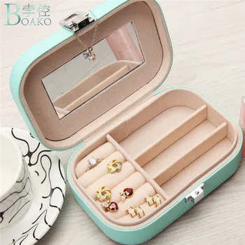 

BOAKO 15*5*10cm Jewelry Box Portable Travel Jewelry Organizer Case Leather Storage Jewelry Case with Mirror Jewelry Display Box