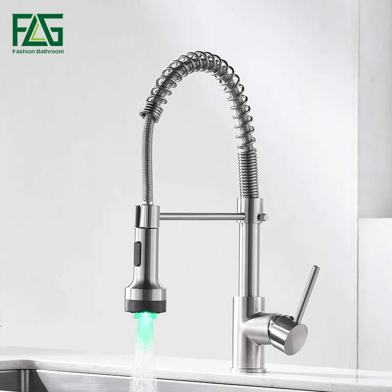  FLG LED Kitchen Faucet Brushed Nickel Sink Faucets Pull Out Tap All Around Rotate Swivel 2 Function - 33058271521