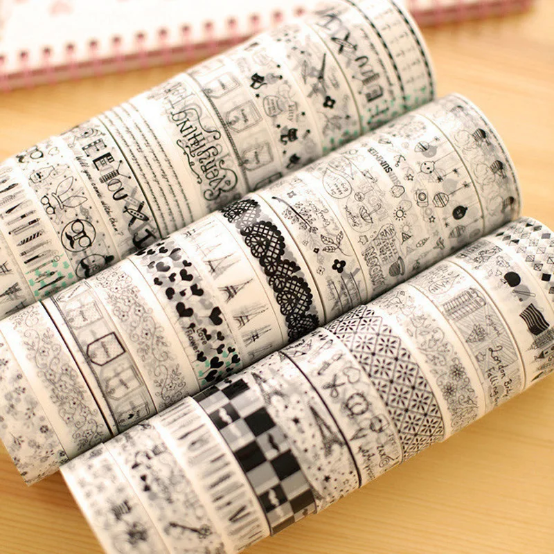 

5pcs Washi Tape Black White Decorative Masking Tape Self Adhesive DIY Scrapbooking School Office Supply 1.5cmx10m PVC Tape