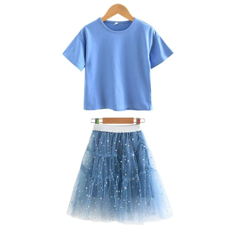 

Children Summer Clothes Girls Clothing Set Soild Blue T-shirt+Sparkling Stars Mesh Skirt Two Piece Girls Outfits For 3-12Years