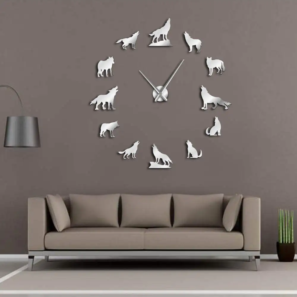 

Howling Wolf DIY Large Wall Clock Different Wolf Pose Frameless Wall Watch Clock Home Decor Modern Design Wolf Admirers Gift