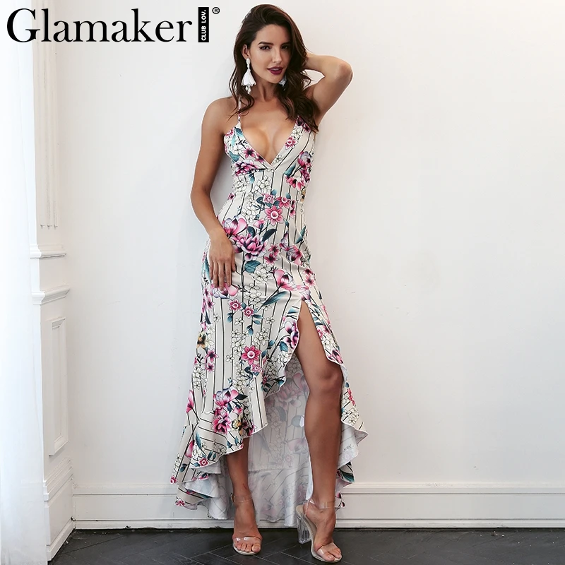 Glamaker Flower print summer dress Women split ruffle