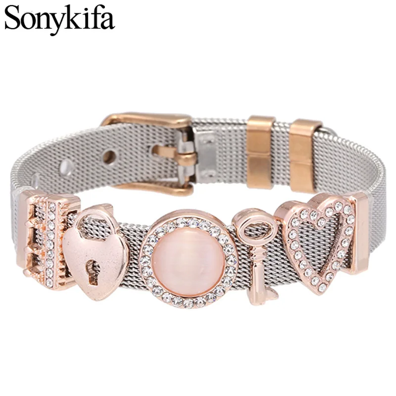 

Sonykifa Hot Sale Stainless Steel Mesh Bracelet With LOVE LOCK Charms DIY Pandoro Bracelets for Woman Girls Party Gifts Jewelry