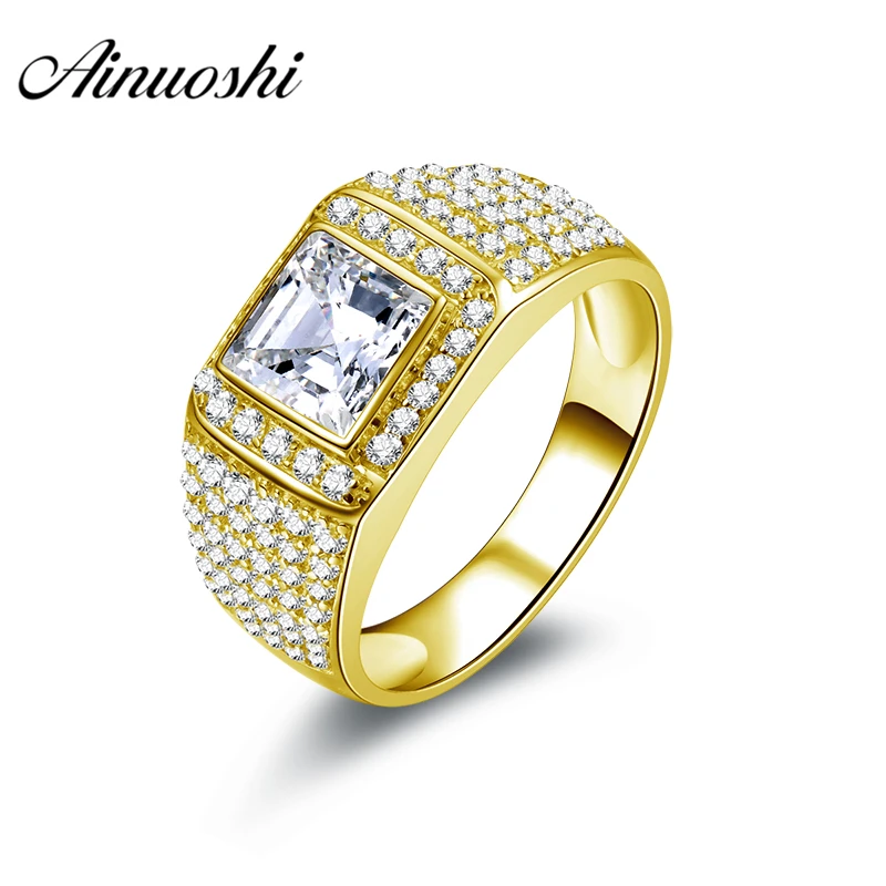 

AINUOSHI Luxury 10K Solid Yellow Gold Men Ring 6.1g Wedding Ring Square Cut 6 Rows Drills Band Engagement Wedding Male Jewelry