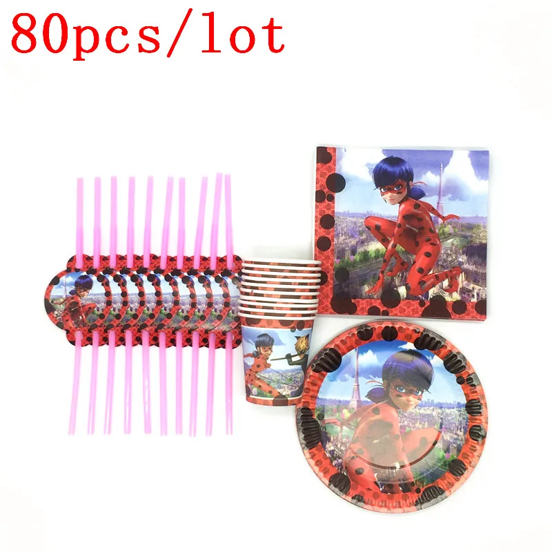 

Disposable Flexible Straws Print Ladybug Girl Birthday Party Cup Plate Straws Napkin Decoration Supply 80Pcs/Lot