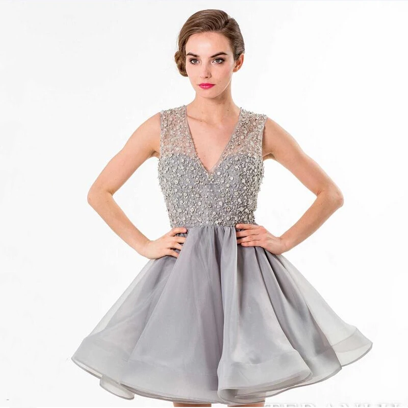A line V neck Sleeveless Sequins Backless Grey Juniors Graduation