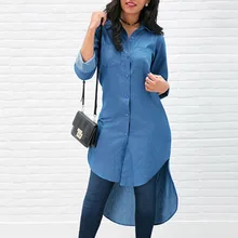 Denim Women Loose Long Sleeve T Shirt Buttons Pockets Casual European and American Style Turn-down Collar Irregular Long T-Shirt trendy shirt collar long sleeve denim shirt for women