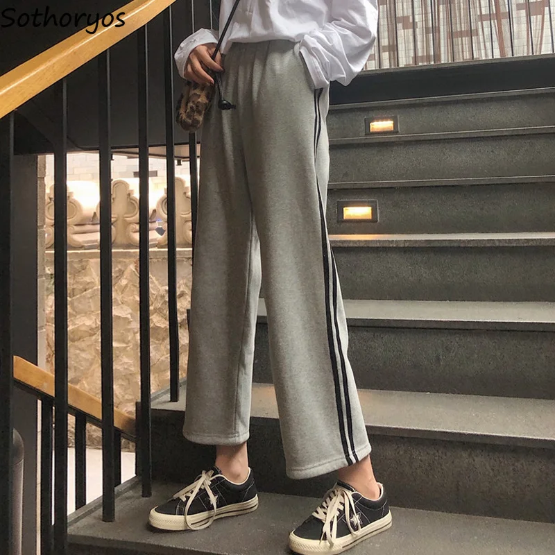 Женские прямые трендовые брюки с высокой талией, свободные, для отдыха, студентов, Harajuku, корейский стиль, женские полосатые брюки с эластичной талией, милые
