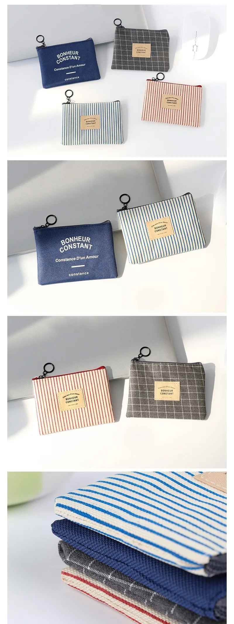 Unisex Canvas Coin Bag Purse Women Stripe Coin Money Card Holder Wallet Case Zipper Key Storage Pouch For Kid Girl Gift
