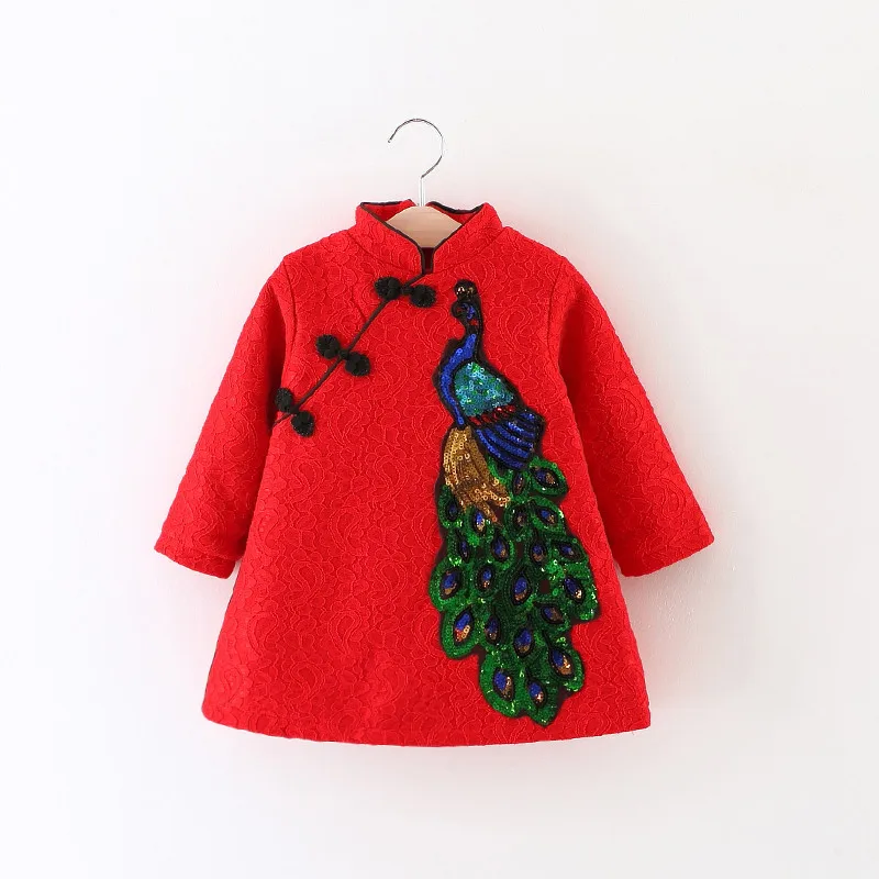 Демисезонный одежда для малышей год платье для девочек 1-7Years с флисовыми кружевами костюмы Tang вышивка Cheongsam Qipao изысканные платья принцесс - Цвет: Cock