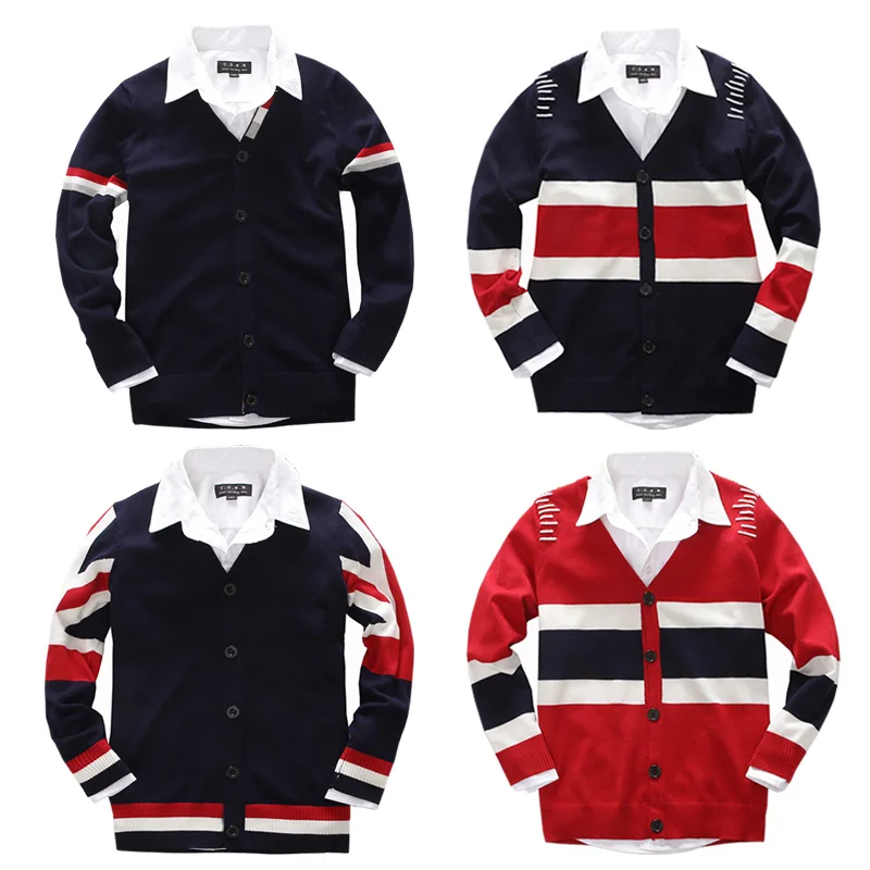 Кардиган для мальчиков с v-образным вырезом и длинными рукавами; однобортный вязаный свитер; сезон весна-осень; хлопок; кардиган для детей 6-14 лет; одежда для детей