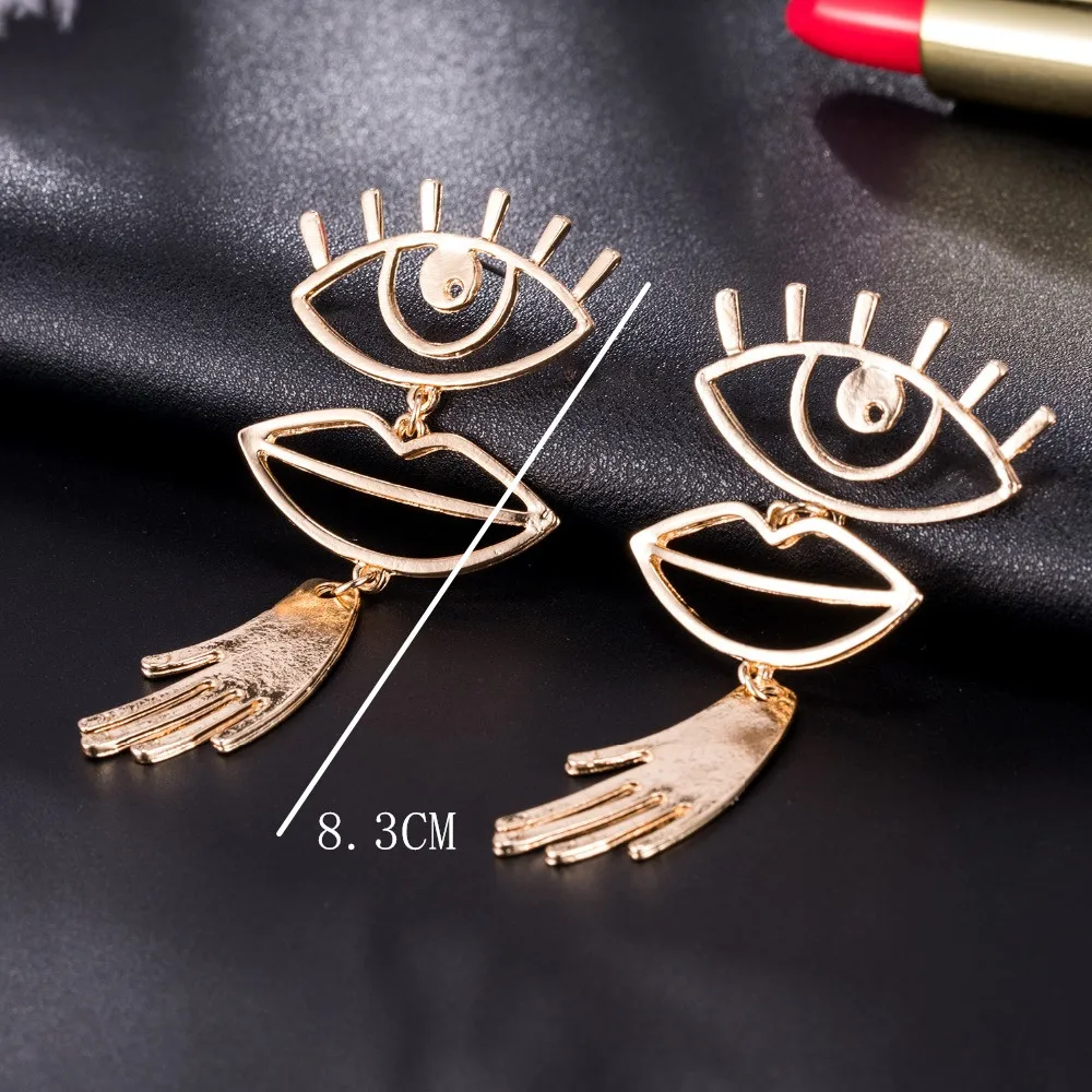 KISSWIFE Abstract Face Drop Earrings Fashion Jewelry Vintage Metal Geometric Hollow Eye Lip Palm Statement Earrings for Women