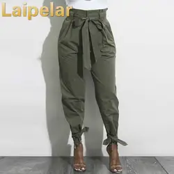 Laipelar/2018 женские брюки с высокой талией, облегающие однотонные шаровары с карманами и завязками, женские брюки