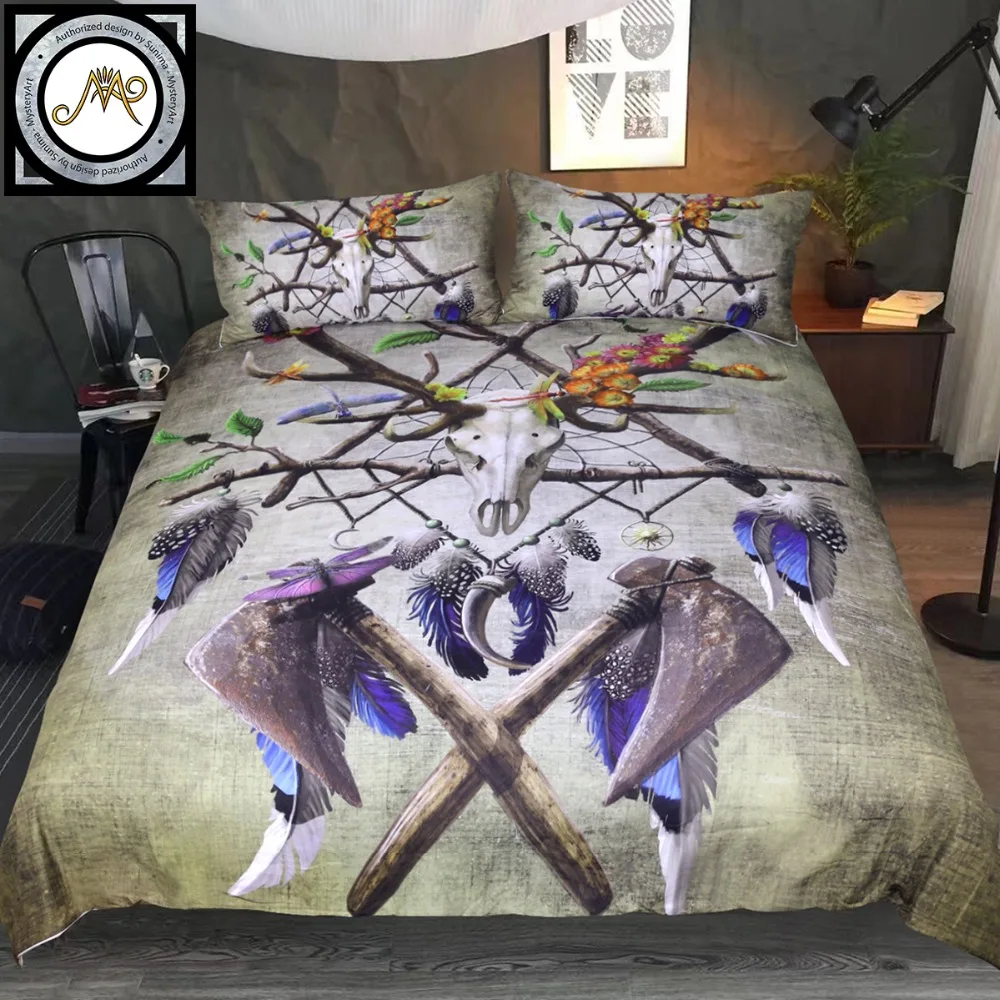 Us 29 9 40 Off Skull By Sunima Mysteryart Bedding Set Green Black Duvet Cover Twin Tribal Skull Axe Bed Set Gothic Home Textiles Dropshipping In